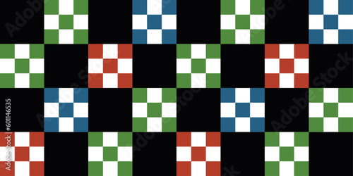 Checkered pattern of black and colored cells. For print and seamless surfaces.