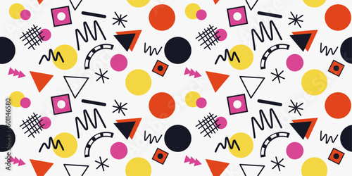 Interesting geometric memphis pattern. For print and seamless surfaces. Circles and triangles pattern.