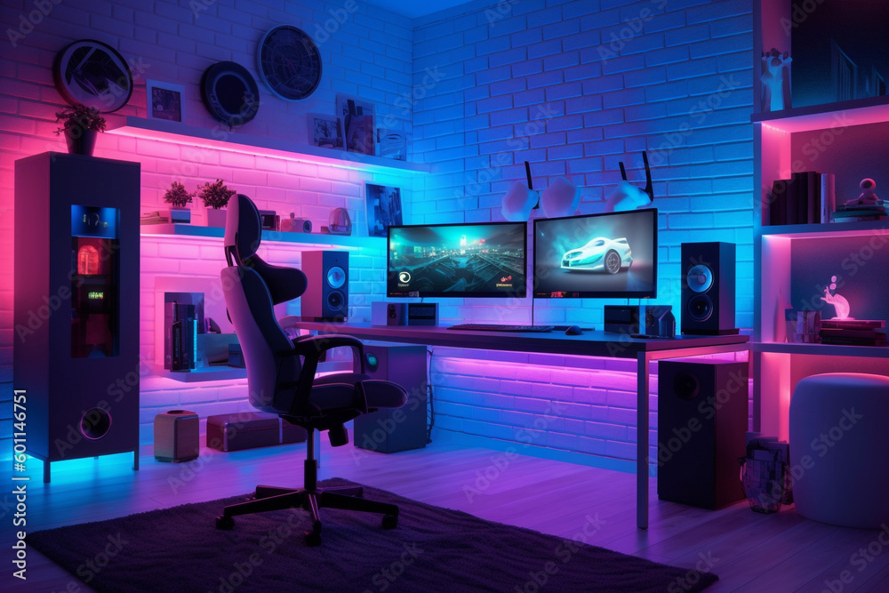 Gaming PC room with led lights in different colors. Ai generated illustration. Gaming PC room with led lights in different colors. Ai generated illustration.