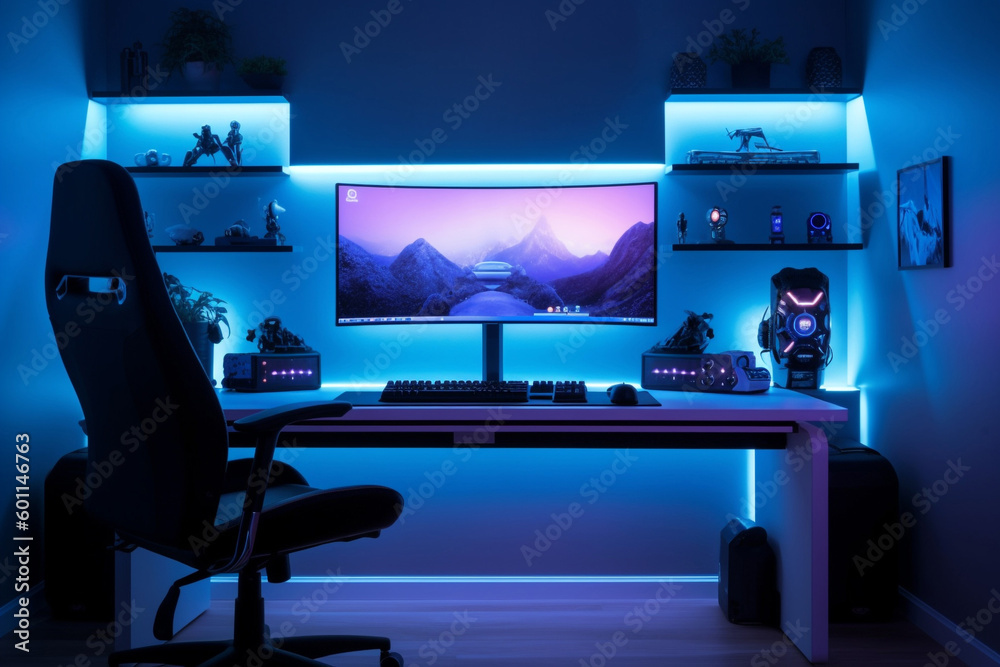 Gaming PC Room With Led Lights In Different Colors Ai Generated gaming-pc-room-with-led-lights-in-different-colors-ai-generated