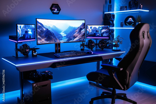 Gaming PC room with led lights in different colors. Ai generated illustration.