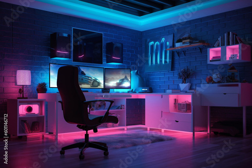 Gaming PC room with led lights in different colors. Ai generated illustration.