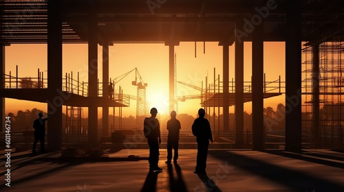 Silhouettes of Engineers and workers inspecting a project on a building site background, construction site at sunset, Generative AI © Salsabila Ariadina