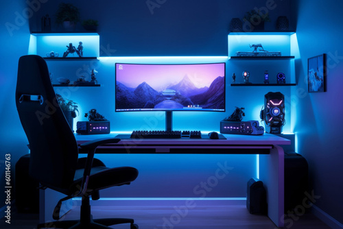 Gaming PC room with led lights in different colors. Ai generated illustration.