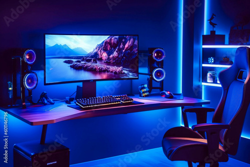 Gaming PC room with led lights in different colors. Ai generated illustration.