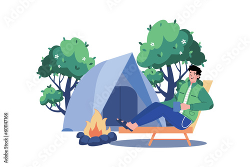 A man goes camping to enjoy nature.