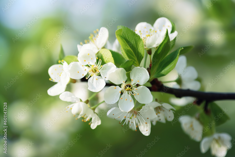 A white flower in bloom, captured close-up on a green branch in mid-spring. Generative AI. A white flower in bloom, captured close-up on a green branch in mid-spring. Generative AI.