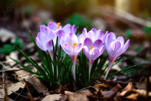 Bunch of purple crocus flowers in the garden. Generative AI.