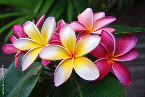 Close-up of a plumeria flower with a deep yellow center and delicate pink petals. Generative AI.
