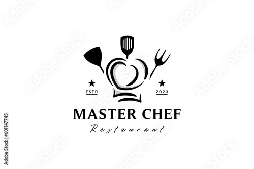 Vector chef hat with heart shape and creative cooking tools for master chef logo design