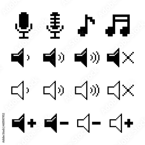 Music, audio pixel art set, microphone, music notes, speaker volume level icon