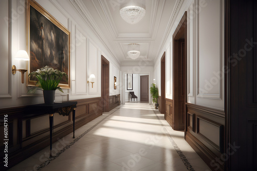 Classic style hallway interior in luxury house. Generative AI © tynza