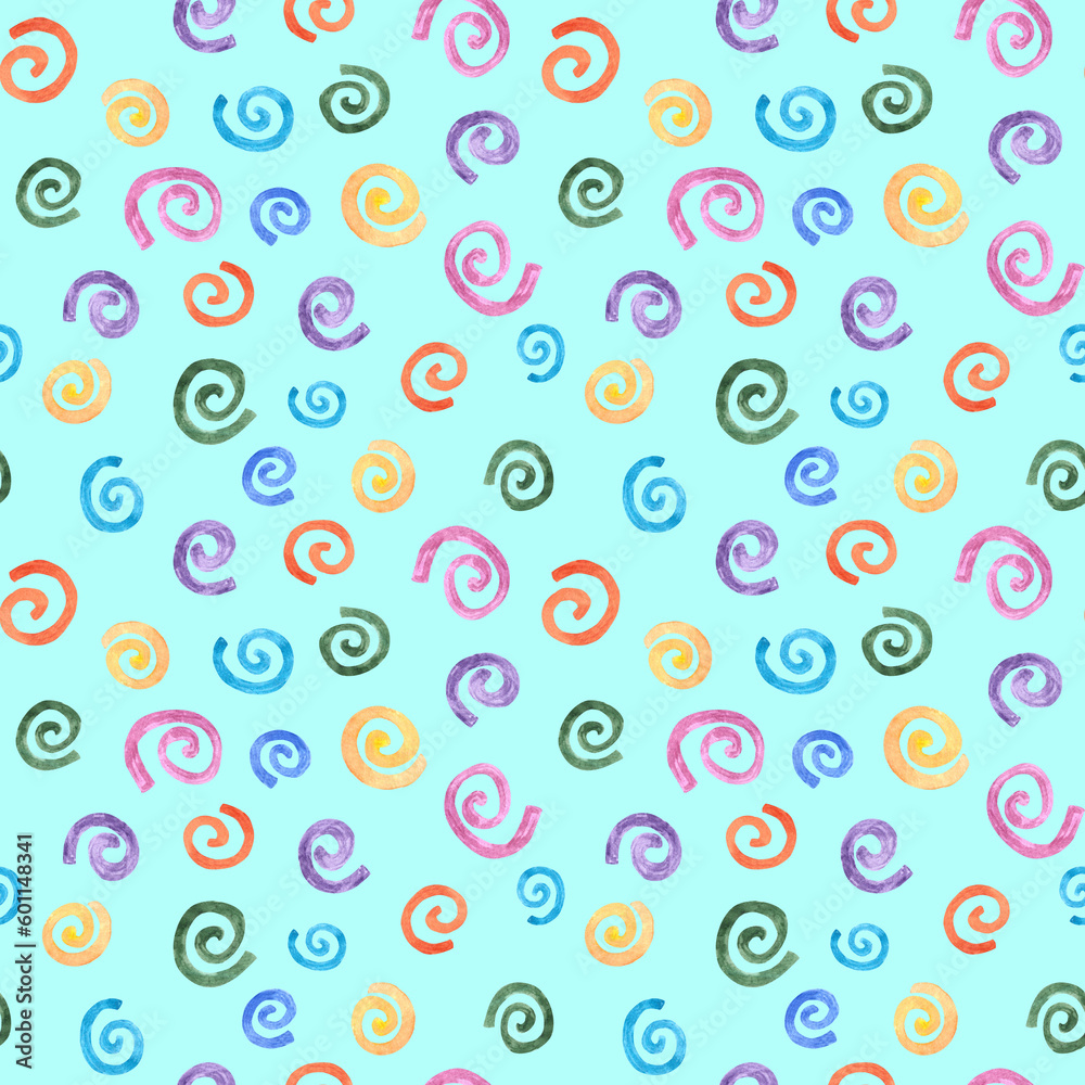 Hand drawn watercolor seamless pattern with multicolored spiral round confetti as festival carnival bithday party background.Colorful backdrop on blue