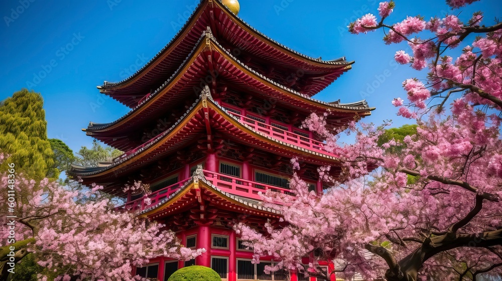 traditional japanese pagoda with blossoming cherry trees. Generative AI traditional japanese pagoda with blossoming cherry trees. Generative AI