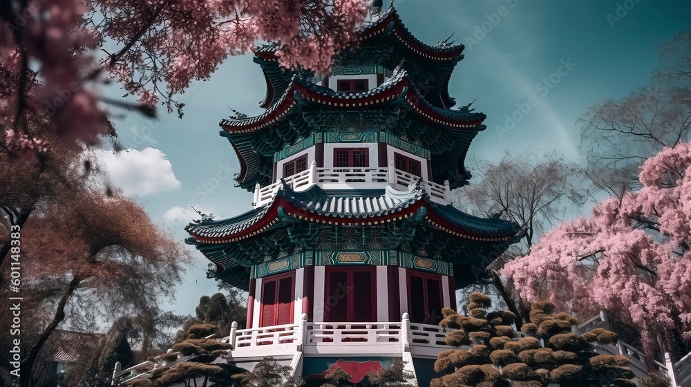 traditional japanese pagoda with blossoming cherry trees. Generative AI traditional japanese pagoda with blossoming cherry trees. Generative AI
