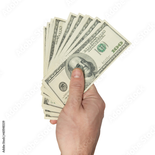 Hand with money cash american dollars in PNG isolated on transparent background