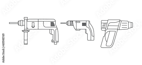 3d render of a concept. helmet, drill, angle grinder and other construction tools on a white background isolated isolated icons building tools repair, construction buildings, drill, hammer, screwdrive