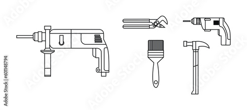 set of screwdrivers. helmet, drill, angle grinder and other construction tools on a white background isolated isolated icons building tools repair, construction buildings, drill, hammer, screwdriver, 