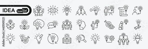 Idea icon set. Creative idea, brainstorming, solution, thinking and innovation icons. Lightbulb with brain symbol vector illustration. Solid icon collection.