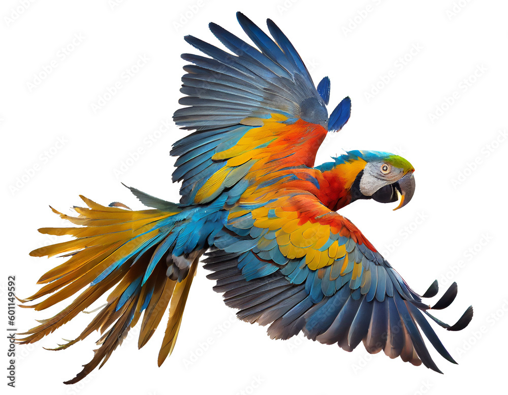Beautiful blue macaw in flight on a transparent background (PNG). AI generator