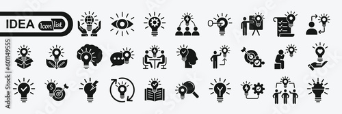 Idea icon set. Creative idea, brainstorming, solution, thinking and innovation icons. Lightbulb with brain symbol vector illustration. Solid icon collection.