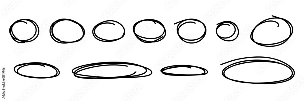 Sketch highlight ovals line. Doodle Marker hand drawn highlight scrawl circles frame. Marker sketch. Highlighting text and important objects. Round scribble frames. Stock vector illustration on white. Sketch highlight ovals line. Doodle Marker hand drawn highlight scrawl circles frame. Marker sketch. Highlighting text and important objects. Round scribble frames. Stock vector illustration on white.