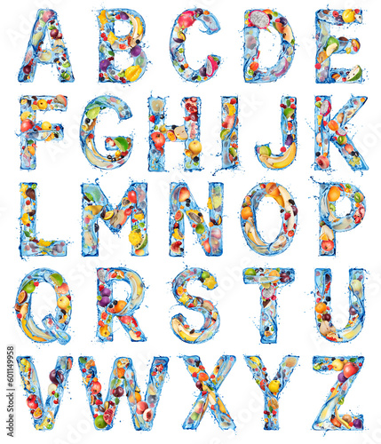 The letters of the Latin alphabet are made of water splashes and different fruits and berries