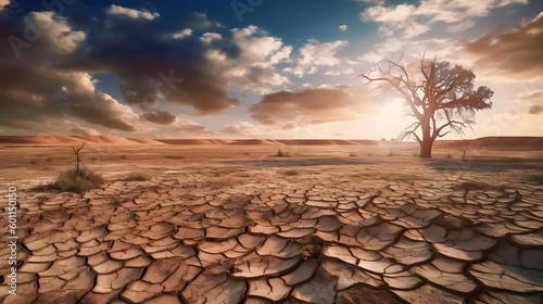 Dead trees on dry cracked earth metaphor Drought, Water crisis and World Climate change, Generative AI