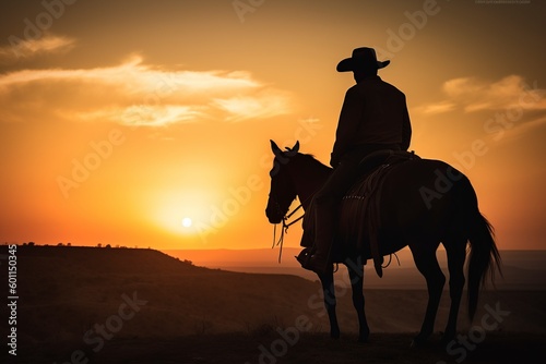illustration silhouette of a cowboy on a horse at sunset  ai generative
