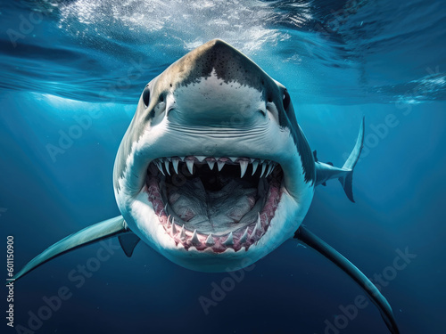 Photo of a Great Shark in blue water looking into the camera