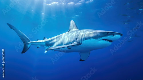 Photo of a Great Shark swimming in blue water, side view © Veniamin Kraskov