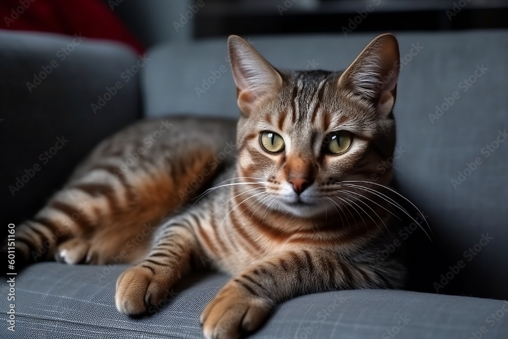 A beautiful gray cat is lying on the sofa. Generative AI. A beautiful gray cat is lying on the sofa. Generative AI.