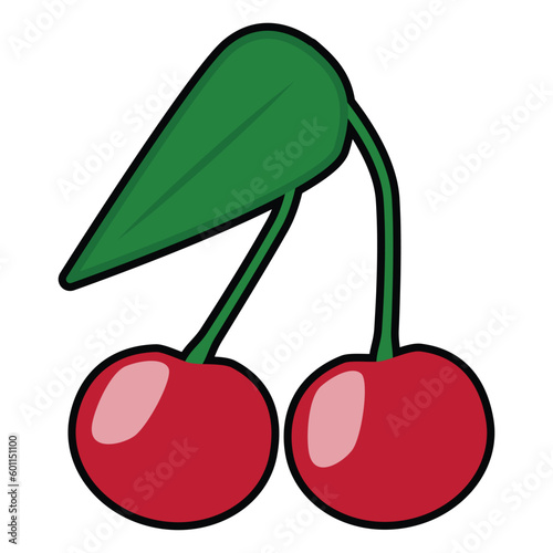 Two red cherries with a leaf in a simple flat style with a black outline. Fruit vector icon, healthy food, seasonal berries