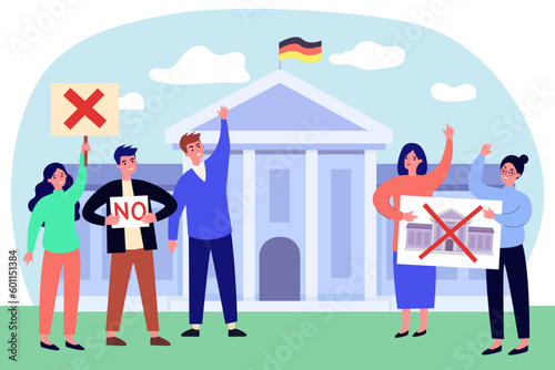 Angry protesters with signs at rally against German government. Political activists at anti-government demonstration vector illustration. Politics, government, demonstration, democracy concept