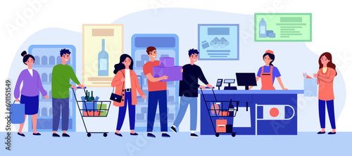Queue of buyers at checkout in supermarket vector illustration. Cartoon drawing of customers with shopping carts and groceries standing in line, cashier at counter. Shopping, communication concept