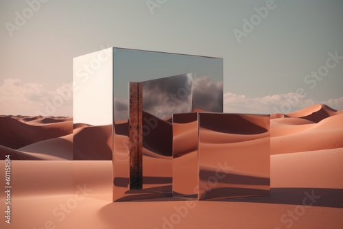 Abstract fantastic background. Desert landscape with metallic geometric mirror. Modern minimal aesthetic background © Eugene Verbitskiy