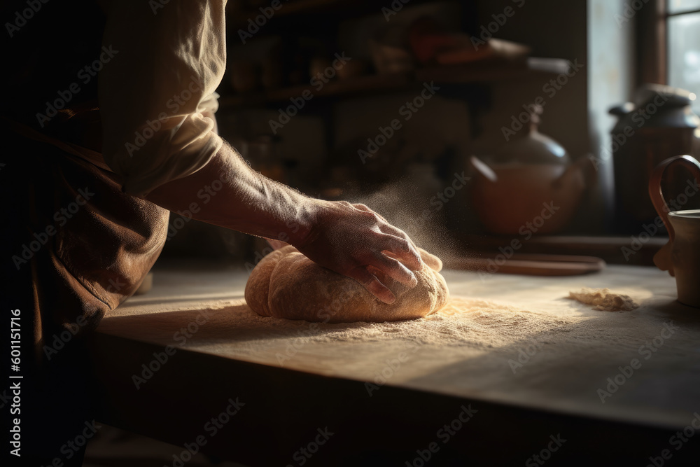 Baker kneads dough on a flour-covered table. AI generated