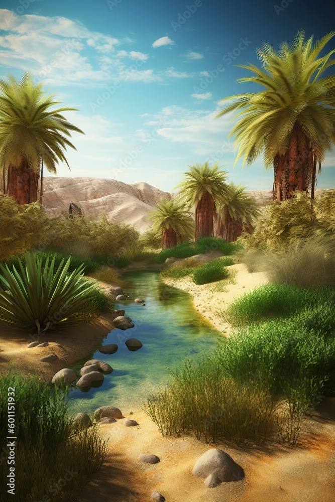 illustration, oasis in a desert, generative ai