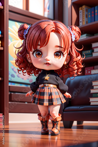 A Chibi Anime Red-haired girl, wearing a short pleated skirt and a black jumper - Generated by Generative AI photo