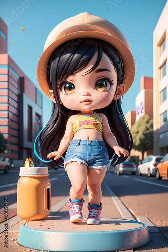 A Chibi Anime Girl with black hair, dressed in a cap and shorts - Generated by Generative AI photo