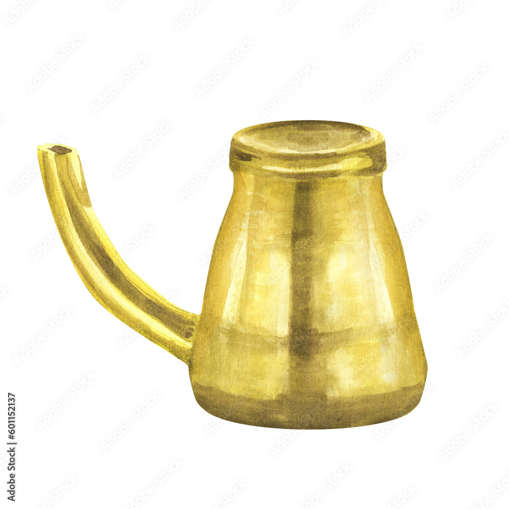 Hand drawn watercolor illustration of panchakarma shirodhara ( ayurvedic procedure) pot. Small pot made of brass with long spout. This illustration can be used as a part of design for postcards Hand drawn watercolor illustration of panchakarma shirodhara ( ayurvedic procedure) pot. Small pot made of brass with long spout. This illustration can be used as a part of design for postcards