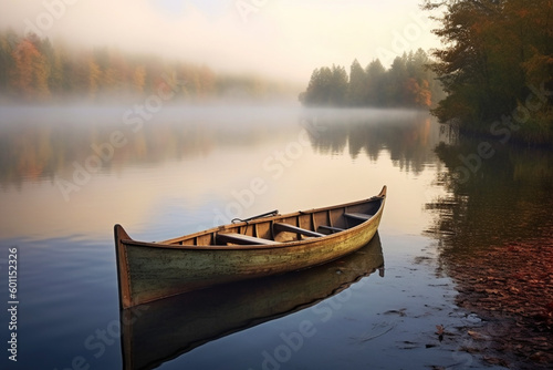 rowboat on the lake on a foggy morning made with generative ai