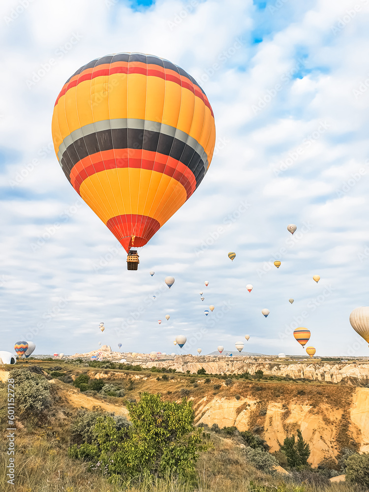 Fototapeta premium Flying in sky many bright colored beautiful balloons into air in Cappadocia in mountains early at sunrise, dawn. Filling balloon with hot air from burner, big basket. Tourists excursion, cloud flight