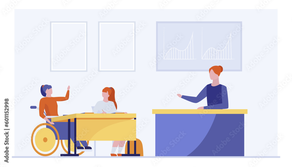 Female student in wheelchair raising hand during lesson. Girl with physical disability studying at school or university vector illustration. Education, disability, inclusion, accessibility concept Female student in wheelchair raising hand during lesson. Girl with physical disability studying at school or university vector illustration. Education, disability, inclusion, accessibility concept
