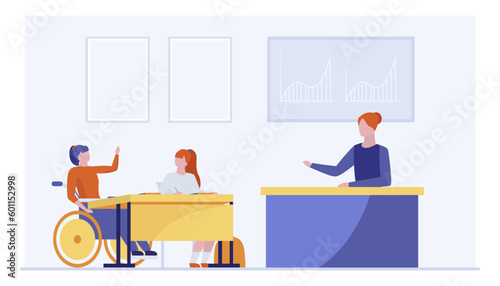 Female student in wheelchair raising hand during lesson. Girl with physical disability studying at school or university vector illustration. Education, disability, inclusion, accessibility concept