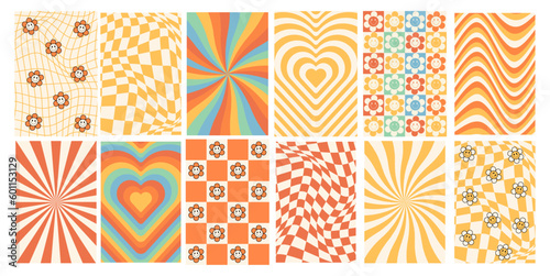  Groovy checkered patterns, radial lines, happy daisy flowers, hearts, rainbow colors hippie retro 60s 70s yellow orange backgrounds wallpaper