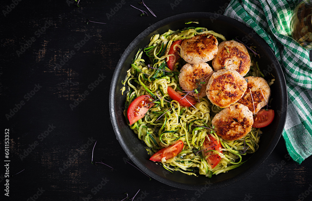 Zucchini spaghetti pasta  with chicken meatballs in pan. Top view. Flat lay