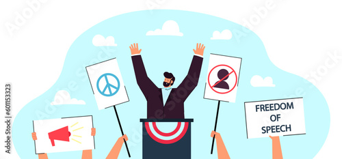 Politician silencing independent media vector illustration. Cartoon drawing of people with placards protesting against president or government. Freedom of speech, peace, press concept