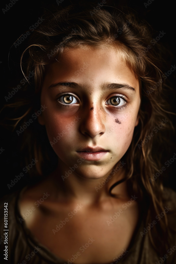 Young girl in a refugee camp. Generative AI