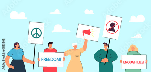 People with signs at anti-government rally vector illustration. Cartoon drawing of protesters with placards, political activists at protest. Democracy, freedom, politics, demonstration concept